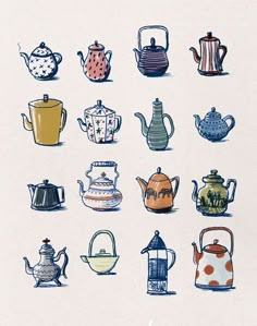 an image of teapots and kettles drawn by hand