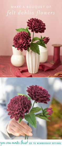 two pictures with flowers in vases on the table and one is being held by someone's hand