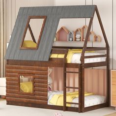 a child's bedroom with a loft bed and bunk beds in the room,