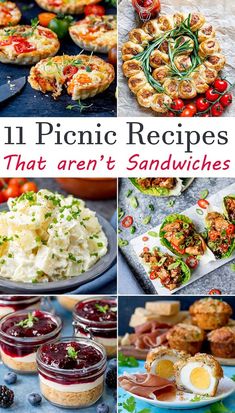 the cover of 11 picnic recipes that aren't sandwiches, with images of food and desserts