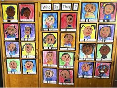 a bulletin board with pictures of children's faces and words written on the front