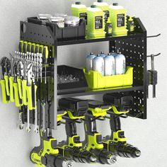 a tool rack with tools hanging from it's sides