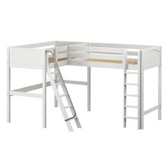 a white bunk bed with a ladder next to it and a wooden table top on the bottom