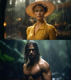 two different pictures of the same man and woman, one with a hat on his head