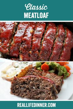 meatloaf with sauce and broccoli on the side is shown in this collage