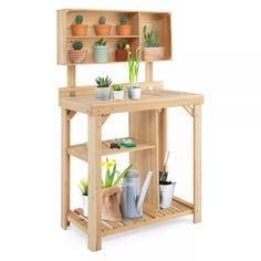 a wooden shelf filled with potted plants and gardening tools on top of it's shelves