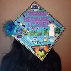 a person wearing a blue graduation cap that says i scare because i care