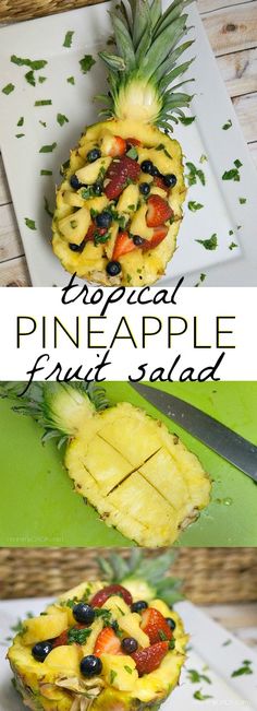 this pineapple fruit salad is made with fresh fruits and served in a pineapple shell