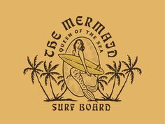 the surfboard logo is shown on an orange background, with palm trees in the foreground