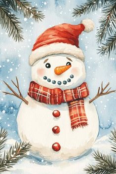 a watercolor painting of a snowman wearing a santa hat and scarf with pine branches