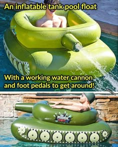 an inflatable tank pool float with a working water cannon and foot pedals to get around