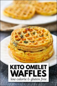 keto omelet waffles on a white plate with text overlay