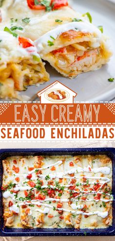 an easy creamy seafood enchiladas recipe on a white plate with text overlay