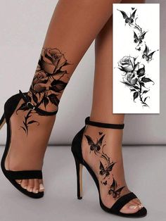 a woman's legs with tattoos on them and flowers painted on the ankle straps