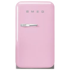 a pink refrigerator freezer sitting on top of a white floor next to a wall