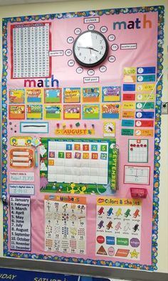 a pink bulletin board with lots of different things on it and a clock mounted to the wall