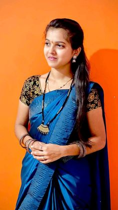 Wonderful Blue Saree and black designed saree blouse, wedding saree outfit idea, Festival Saree outfit, girls in saree, Sanika Devale Patil on Blue colour saree. Saree Outfit, Festival Saree, Long Mangalsutra, Mangalsutra Designs, Blue Saree, Festival Wedding, Saree Blouse Designs, Blue Colour