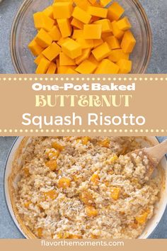 butternut squash risotto in a bowl with the words, one pot baked butternut squash risotto