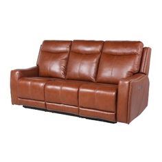 a brown leather couch with two recliners on it's back legs and arms