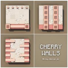 four different views of a building with pink and white tiles on the outside, along with text that reads cherry walls