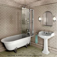 a white bath tub sitting next to a sink under a mirror in a tiled bathroom