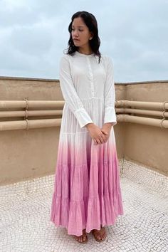 Shop for Chambray and Co. Pink Cotton Tiered Ombre Dress for Women Online at Aza Fashions Ombre Suits Indian, Ombre Anarkali Suit, Ombre Gowns Indian, Ombre Dress Indian, Pink Ombre Dress Indian, Ombre Kurta Women, Ombre Anarkali, Black Long Sleeve Prom Dress, Style Kurti