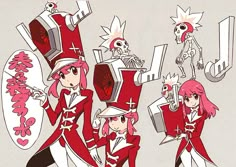 some anime characters in red and white outfits, one holding a large object while the other is