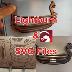 there are two pieces of wood with the words lightburn and svg files on them