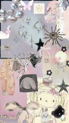 a collage of various items including shoes, pearls and other things in the background