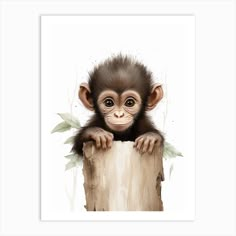 a painting of a monkey holding onto a piece of wood with leaves on it's back