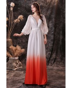 Buy ombre white orange v neck evening formal dress with lantern lace sleeves at wholesale price online. High quality custom-made service pro since 2009. Ombre Prom Dresses, Prom Dresses With Pockets, Floor Length Prom Dresses, Purple Home, Lace Wedding Dress Vintage, Lace Prom Dress, Satin Prom Dress, Chiffon Bridesmaid, Mermaid Dresses