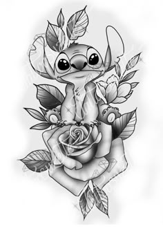 a black and white drawing of a slotty with roses