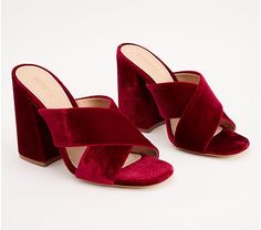 Schutz Velvet Crossover Heeled Mules - Callie - QVC.com Chic Red Mules For Party, Chic Red Party Mules, Elegant Evening Heels For Christmas, Elegant Christmas Evening Heels, Velvet Heels For Party, Elegant Christmas Formal Heels, Elegant Formal Christmas Heels, Velvet High Heel Party Shoes, Party Velvet High Heel Shoes