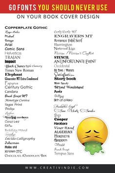 an image of a list with text that reads 60 fonts you should never use on your book cover design