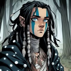 a woman with blue eyes and long black hair wearing native american clothing in the woods