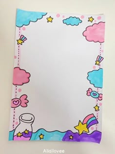 a drawing of a cartoon character with clouds, stars and rainbows in the sky