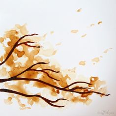 a painting of a tree with brown leaves on it's branches and the sky in the background