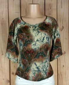 NICOLA Womens Size S 3/4 Sleeve Boat Neck Paisley Print Poly / Spandex Shirt Top   Size: S  Measurements (laying flat): Bust 18"/ Length 21"  Material: Polyester / Spandex  Color: Multi-colored   #nicola #clothing #boutiques #style #shop #shopping #whatstrending #women #clothes #ebaystore #store #sale #womensclothes #womensfashion #ontrend #shopmycloset #ebay #fashion #clothesforsale #forsale #fashionista #womenswear #shoponline #fashiontrends #instacloset #instasale #instashop #instastyle #inst Paisley Fashion, Spandex Shirts, Women Shirt Top, Spandex Top, Paisley Top, Boat Neck Tops