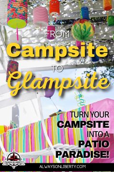 Campsite decorating ideas will help transform your boring outdoor patio into a fun and festive GLAMPSITE! Campsite decor has become popular with seasonal RVers at campgrounds or RV parks everywhere. Campers want to relax and entertain in their own little paradise so why not jazz it up a bit. Creative glamping outdoor patio decor ideas show how to transform your campsite into an outdoor patio paradise that your guests will want to gather and you’ll never want to leave! #rvliving #rvlifestyle #rv Long Term Campsite Ideas, Rv Patio Decor, Camper Glamping Ideas, Camping Deck Ideas Patio, Festival Camp Decor, Campsite Decor Ideas, Cool Tent Campsite Setups, Glamping Campsite Ideas, Rv Festival Camping