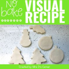 the cover of no bake visual recipe, featuring cookies decorated with icing and christmas trees