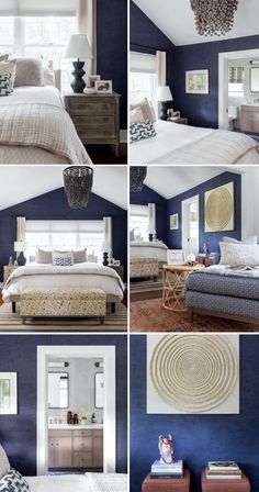 four different pictures of a bedroom with blue walls