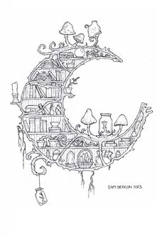 a black and white drawing of a tree house