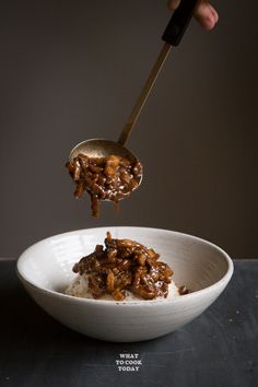 a person is spooning food out of a bowl with rice and meat in it