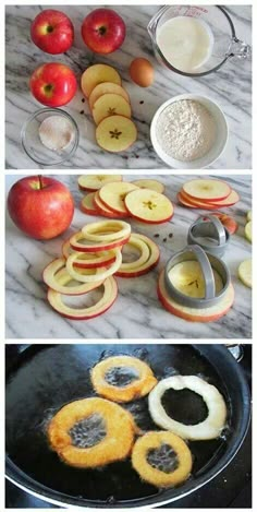 apple slices are being cooked in a frying pan and then cut into small pieces