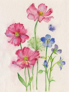 watercolor painting of pink and blue flowers