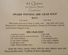 the menu for an award winning crab soup