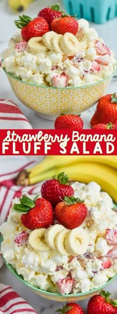 strawberry banana fluff salad in a bowl with bananas and strawberries