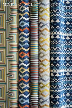 Margo Selby has designed three collections for the British interiors company Osborne & Little. Each collection brings together diverse textures and striking colour in woven fabrics for upholstery and soft-furnishing. Inspirations are as diverse as Fairisle knit, cut glass and Bauhaus typography, and music.