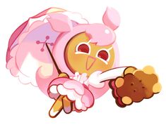 a cartoon character flying through the air with an umbrella over his head and holding a cookie in one hand