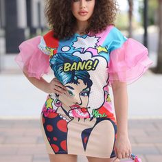 Final Sale! Sublimated Pop Art Short Dress With Organza Ruffled Sleeves Fabric Techno & Organza 96% Polyester 4% Spandex Made In Usa Sizes: S(0-2), M (4-6), L (8-10) Short Sleeve Mini Dress With Graphic Print For Party, Fun Fitted Ruffle Dresses, Fitted Graphic Print Mini Dress For Summer, Printed Stretch Mini Dress With Short Sleeves, Fitted Mini Dress With Graphic Print For Summer, Party Dresses With Graphic Print In Mini Length, Summer Fitted Mini Dress With Graphic Print, Stretch Dresses With Graphic Print And Short Sleeves, Stretch Short Sleeve Dress With Graphic Print